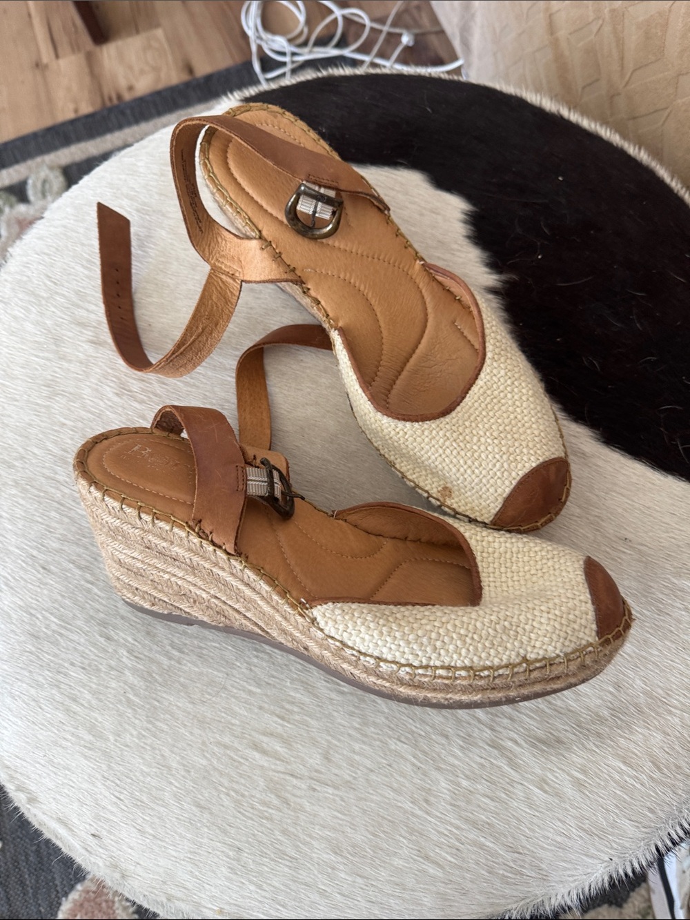 Born Tan and Cream Woven Espadrille Wedge Sandals
